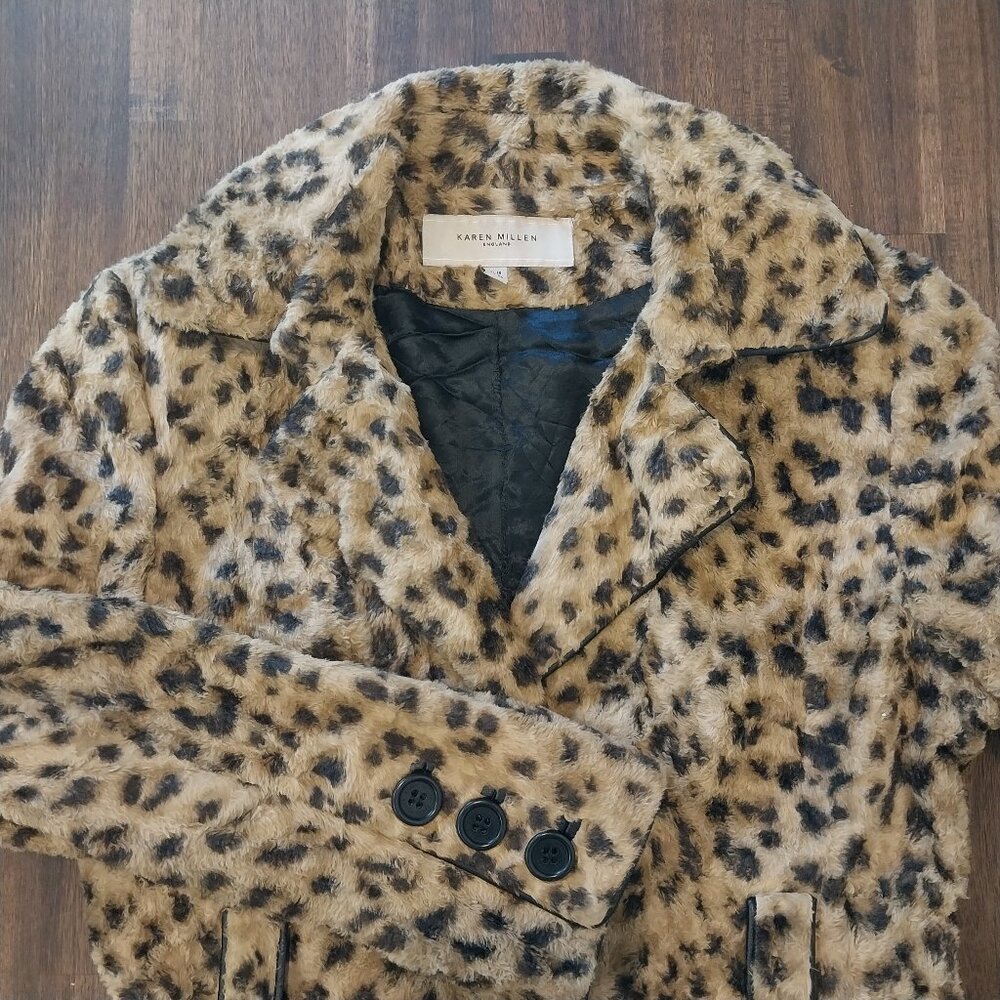 KAREN MILLEN Faux Fur Leopard Print Trench Coat Jacket Belt Straps Womens 6 M
